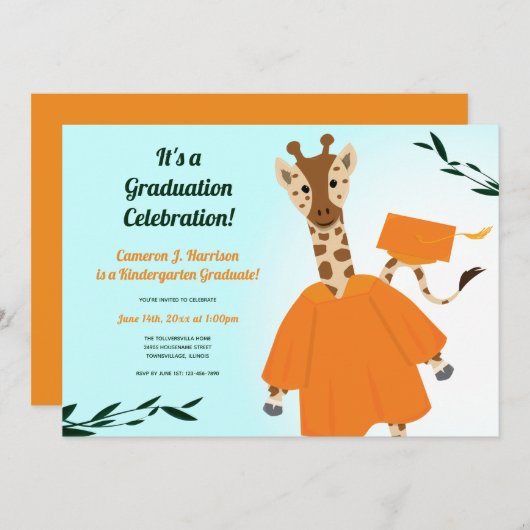 キリン動物オレンジグリーンブルーキッド卒業 招待状 (正面/裏面)