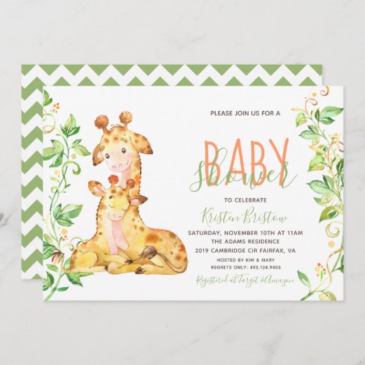 キリン動物園の動物ベビーシャワー招待状 招待状 (正面/裏面)