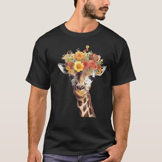 キリン女性野生動物キリンと花 Tシャツ (正面)