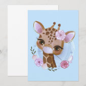 キリン好きな人のためのキュートな赤ちゃんキリンと花 招待状 (正面/裏面)