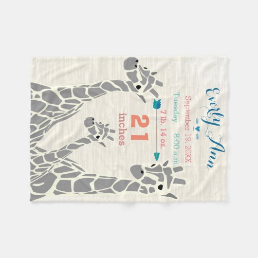キリン家族ベビーガール統計誕生記録 フリースブランケット (正面(横))