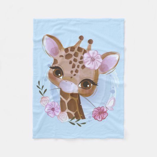 キリン恋人かわいいベビーキリンと花 フリースブランケット (正面)