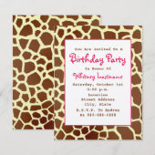 キリン柄とピンクの誕生日パーティー招待状 招待状 (正面/裏面)