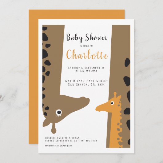 キリン母とベビーかわいい赤ちゃんシャワー 招待状 (正面/裏面)