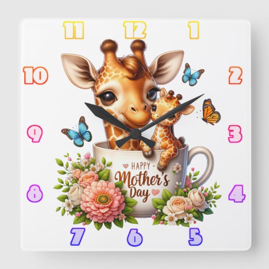 キリン母：ふくらはぎ、花、母の日 スクエア壁時計 (正面)