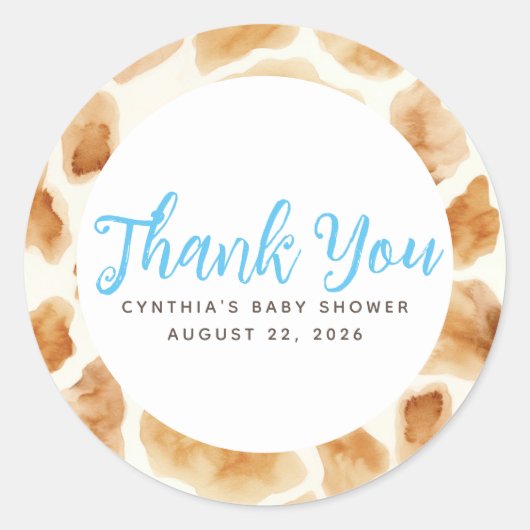 キリン毛皮プリントかわいいブラウンブルーありがとう ラウンドシール (正面)