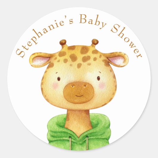 キリン水彩動物の赤ちゃんシャワーあなたの名前 ラウンドシール (正面)