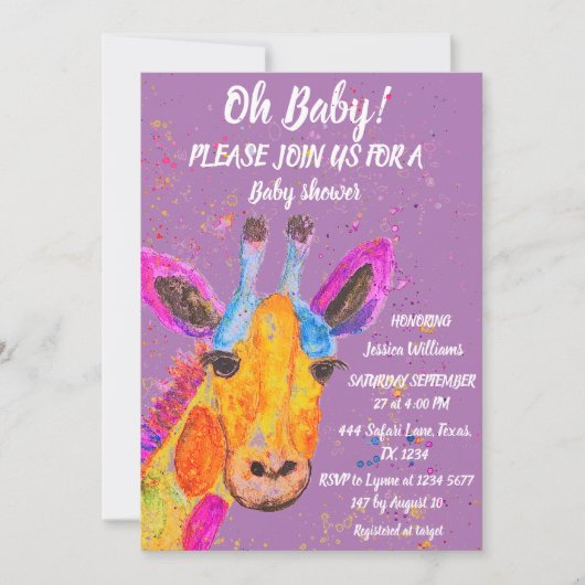 キリン水色サファリジャングルかわいい赤ちゃんシャワー 招待状 (正面)