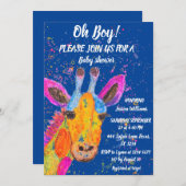 キリン水色サファリジャングルかわいい赤ちゃんシャワー 招待状 (正面/裏面)