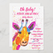 キリン水色サファリジャングルかわいい赤ちゃんシャワー 招待状 (正面/裏面)