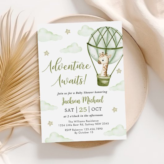 キリン熱気球グリーンボーイ赤ちゃんシャワー 招待状