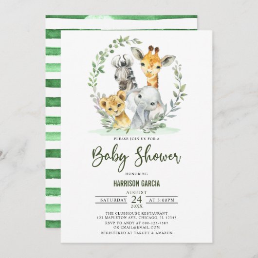 キリン獅子サファリジャングル動物ベビーシャワー 招待状 (正面/裏面)