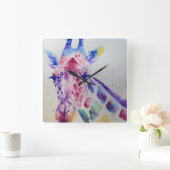 キリン絵画ウォーターカラーのアートウォールクロック スクエア壁時計 (ホーム)