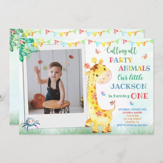 キリン誕生日の招待状フォトサファリ招待状 招待状 (正面/裏面)