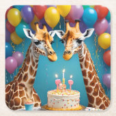 キリン誕生日パーティーと風船ケーキ スクエアペーパーコースター (正面)
