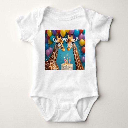 キリン誕生日パーティーと風船ケーキ ベビーボディスーツ (正面)