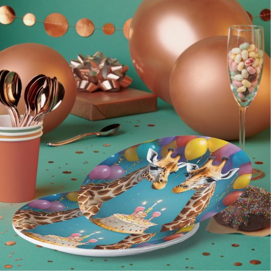 キリン誕生日パーティーと風船ケーキ ペーパープレート (複数)