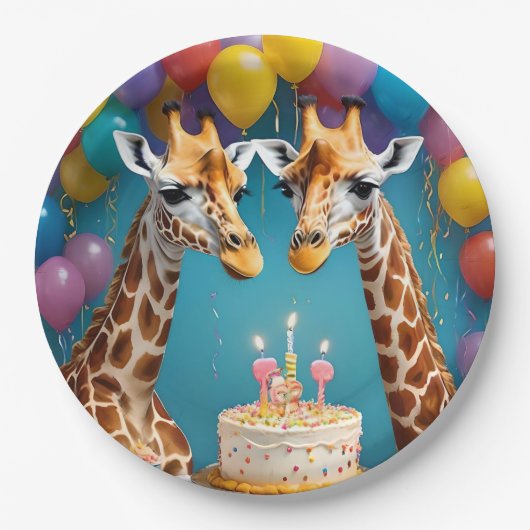 キリン誕生日パーティーと風船ケーキ ペーパープレート (正面)