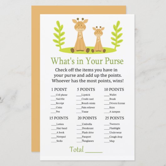 キリン財布ゲームの赤ちゃんシャワーの中に何がある (正面/裏面)