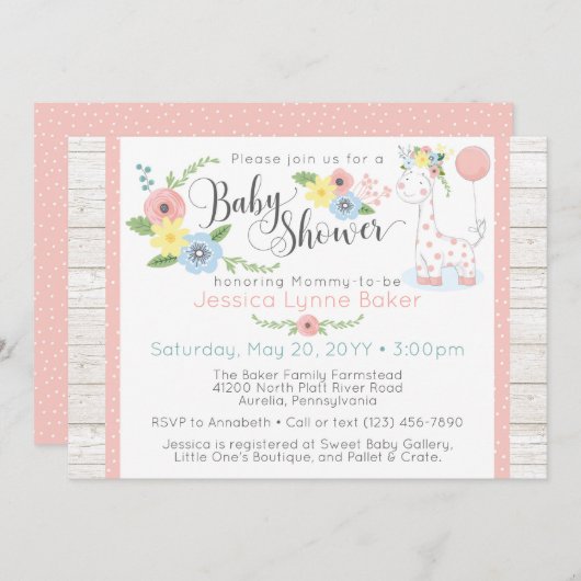キリン赤ちゃんのシャワー | かわいい花と素朴な木 招待状 (正面/裏面)