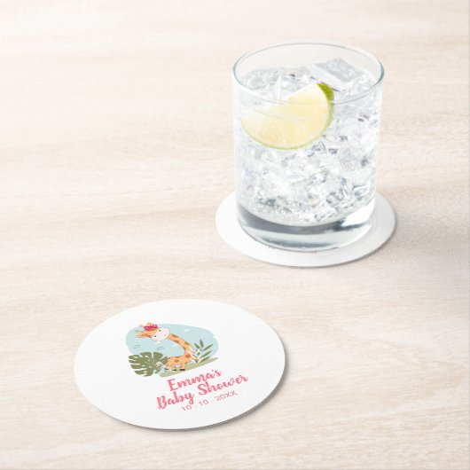 キリン赤ちゃんシャワーナプキン（ガールサファリ動物） ラウンドペーパーコースター (インサイチュ)