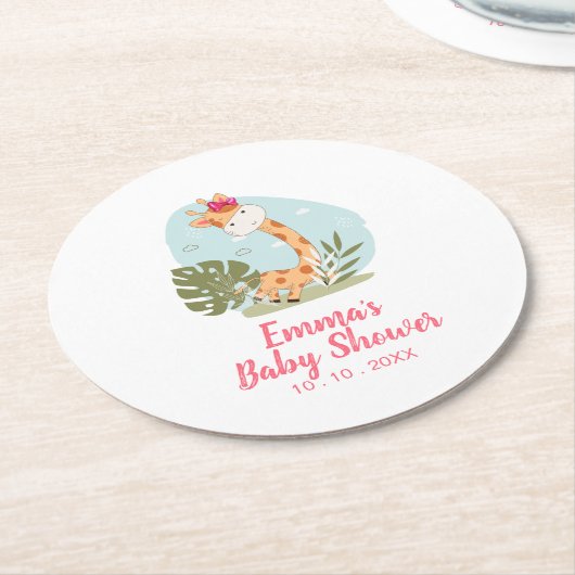 キリン赤ちゃんシャワーナプキン（ガールサファリ動物） ラウンドペーパーコースター (アングル)