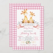 キリン赤ちゃんシャワー招待ピンクの少女 招待状 (正面/裏面)