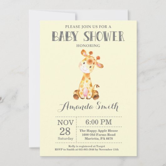 キリン赤ちゃんシャワー招待状イエローグレー 招待状 (正面)