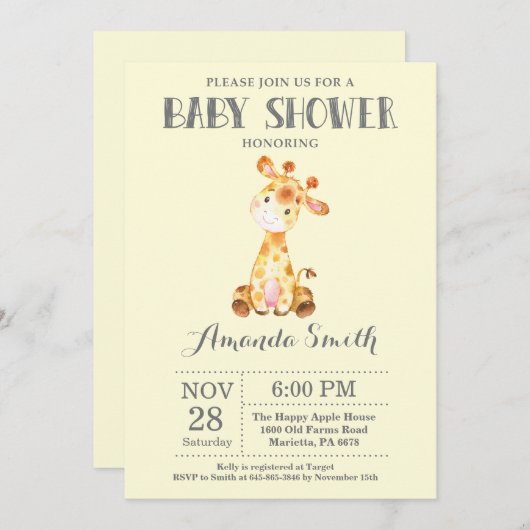 キリン赤ちゃんシャワー招待状イエローグレー 招待状 (正面/裏面)