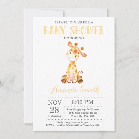 キリン赤ちゃんシャワー招待状イエローグレー 招待状 (正面)