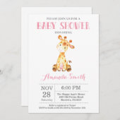 キリン赤ちゃんシャワー招待状ピンクとグレー 招待状 (正面/裏面)