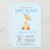 キリン赤ちゃんシャワー招待状ブルーとグレー 招待状 (正面/裏面)