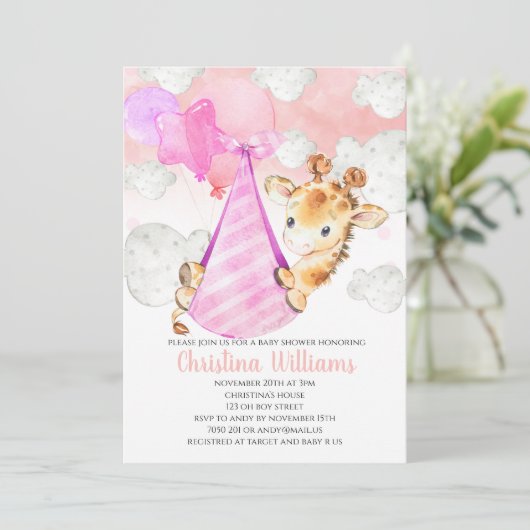 キリン赤ちゃん女の子の赤ちゃんシャワーかわいいピンク 招待状 (スタンド正面)