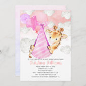 キリン赤ちゃん女の子の赤ちゃんシャワーかわいいピンク 招待状 (正面/裏面)