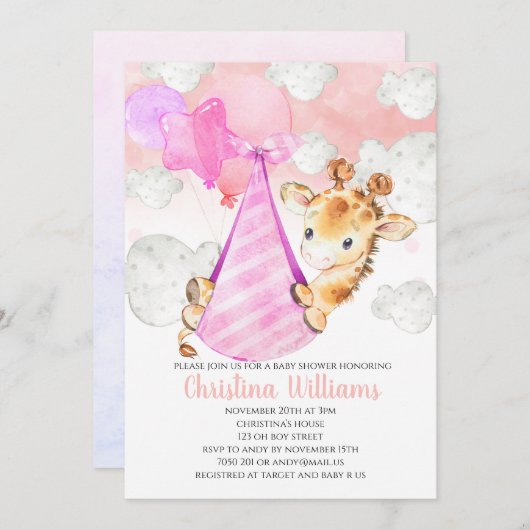 キリン赤ちゃん女の子の赤ちゃんシャワーかわいいピンク 招待状 (正面/裏面)