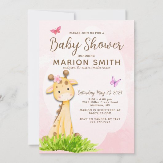 キリン赤ちゃん女の子シャワーウォーター招待状 招待状 (正面)