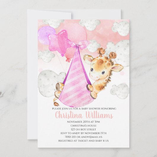 キリン赤ちゃん 女の子 ベビーシャワー 可愛い ピンク 招待状 (正面)