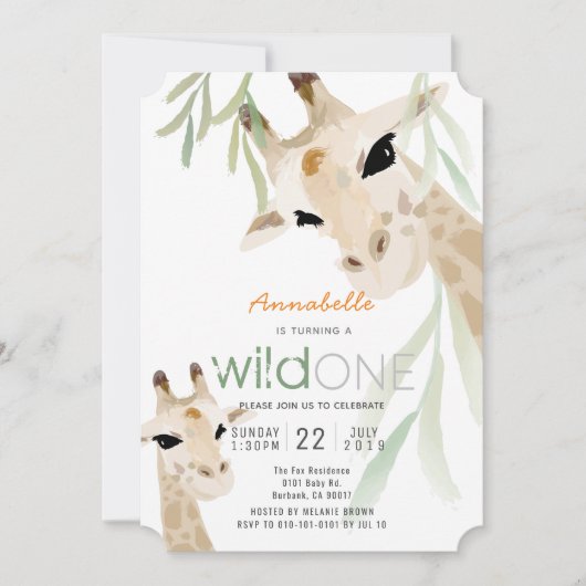 キリン野生1水色キッズ1st誕生日 招待状 (正面)