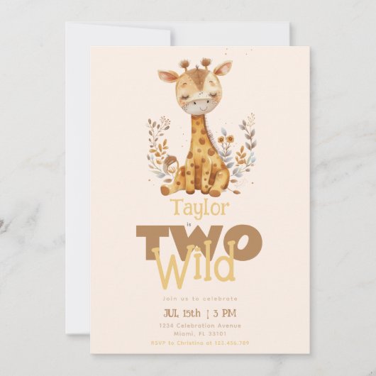 キリン2匹の野生のサファリの動物2歳の誕生日 招待状 (正面)