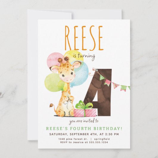 キリン4歳の誕生日パーティーの招待状 招待状 (正面)