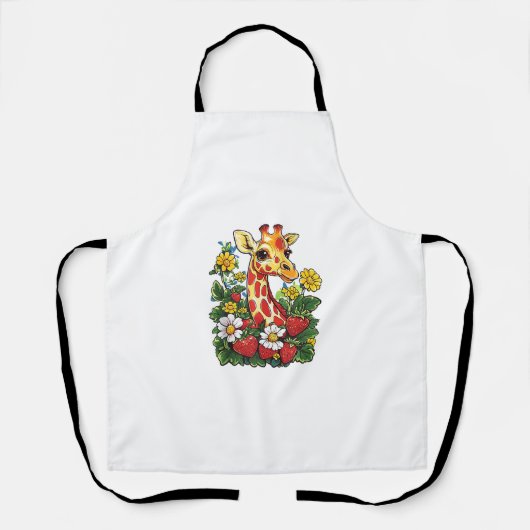 キリン・イチゴと花グラフィックかわいいキラ エプロン (正面)