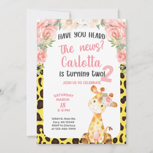 キリン・ガール2歳、2歳の誕生日の招待。 招待状 (正面)