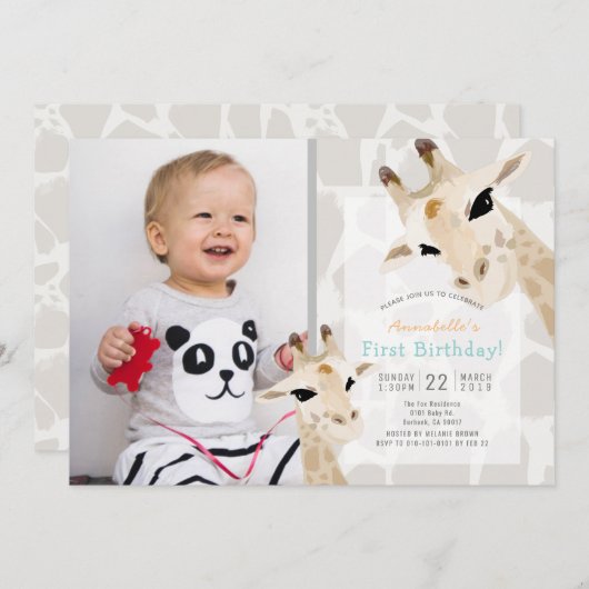 キリン・グレージュ水彩写真1st誕生日 招待状 (正面/裏面)