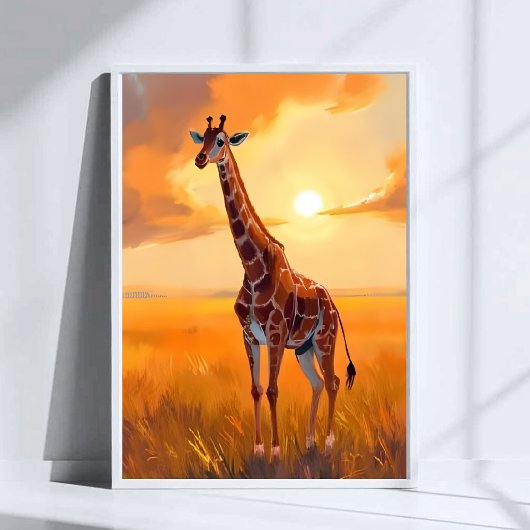 キリン サファリ 日没 動物 絵画 ポスター