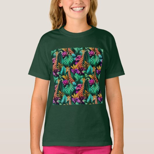 キリン ジャングルの夢 シームレスな表面の模様 Tシャツ (正面)