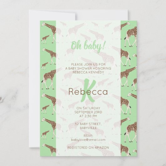 キリン ジャングル サファリ 動物 ベビーシャワー 招待状 (正面)