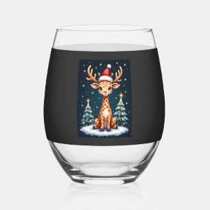キリン+トナカイ+帽子+サンタ+クリスマスツリー+面白い+Xmas ステムなしワイングラス