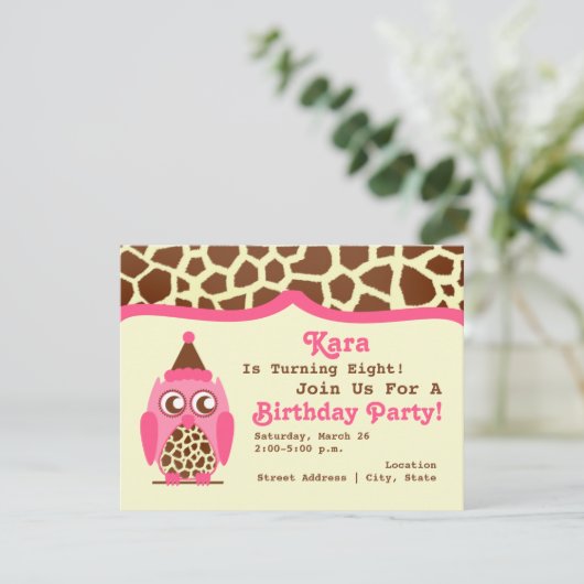 キリン&ピンクフクロウ誕生日パーティー招待状 招待状 (スタンド正面)