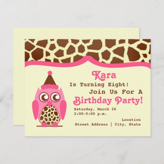 キリン&ピンクフクロウ誕生日パーティー招待状 招待状 (正面/裏面)