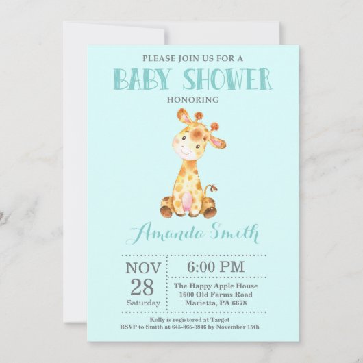 キリン ベビーシャワー 招待状 水色とグレー (正面)